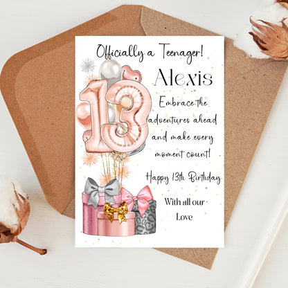 13th BIRTHDAY CARD FOR DAUGHTER, GRANDDAUGHTER, NIECE, SISTER- personalised