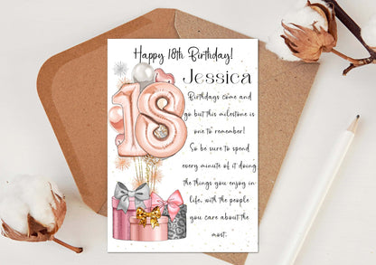 18th BIRTHDAY CARD FOR DAUGHTER, GRANDDAUGHTER, NIECE, SISTER- personalised