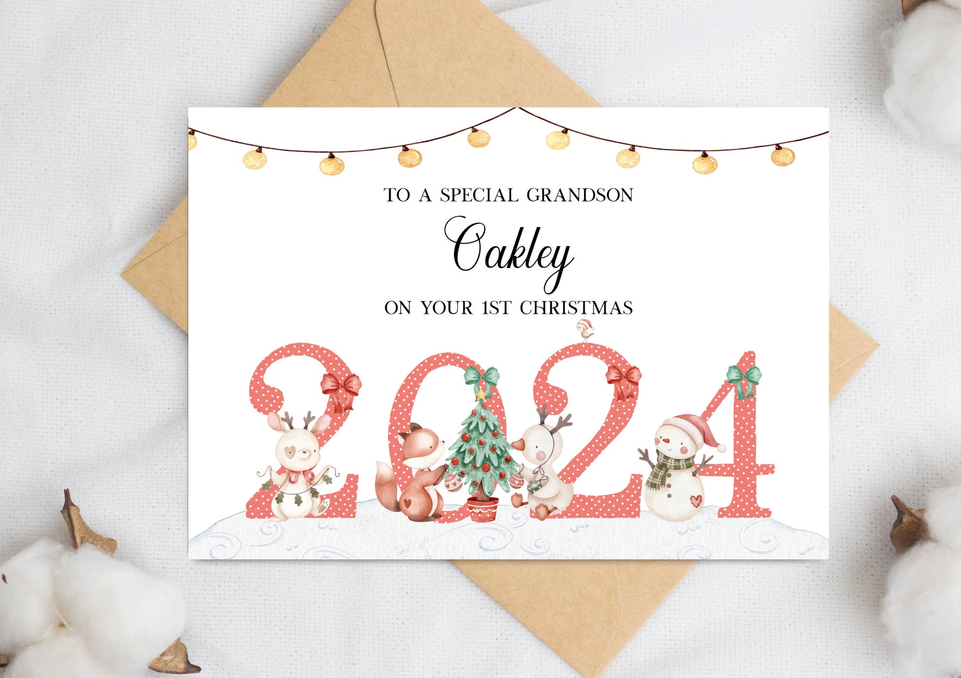 Personalised First Christmas Card for Granddaughter, Daughter, Niece, Little Girl with Name and Festive Design