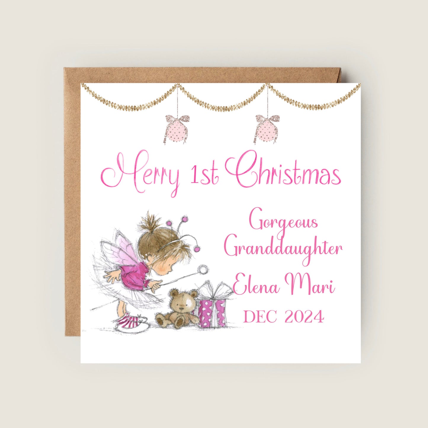 Personalised 1st Christmas Card for Granddaughter, Daughter, Niece, Little Girl with Name and Festive Design