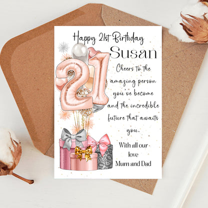 21st BIRTHDAY CARD FOR DAUGHTER, GRANDDAUGHTER, SISTER, NIECE, SISTER - personalised