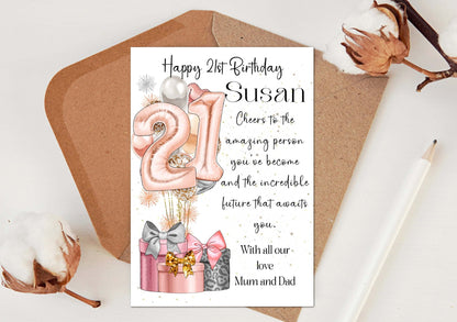 21st BIRTHDAY CARD FOR DAUGHTER, GRANDDAUGHTER, SISTER, NIECE, SISTER - personalised