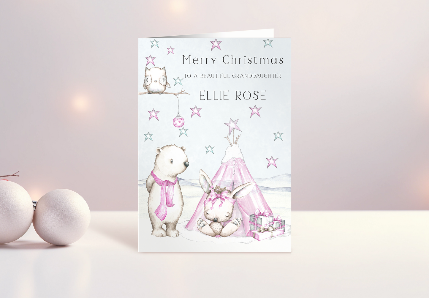 Personalised Pink Christmas Card for a Granddaughter, Daughter, Niece