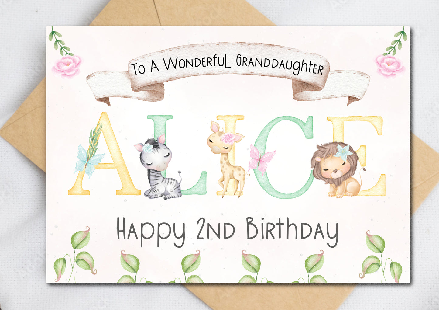 Cute Safari Animals Pink Birthday Card for Girls