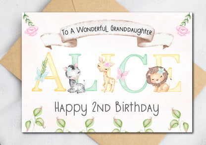 Cute Safari Animals Pink Birthday Card for Girls