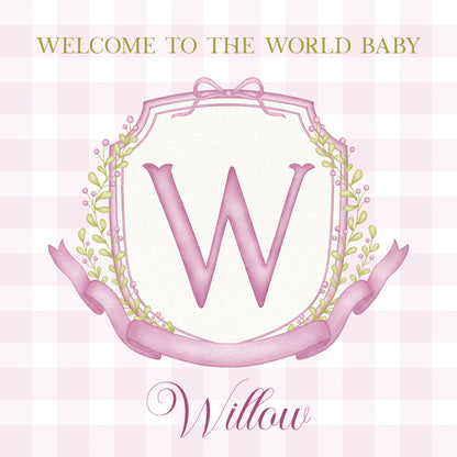 NEW BABY GIRL ARRIVAL, MONOGRAM CARD