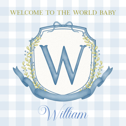 BLUE MONOGRAM WELCOME TO THE WORLD CARD FOR BABY BOY - personalised