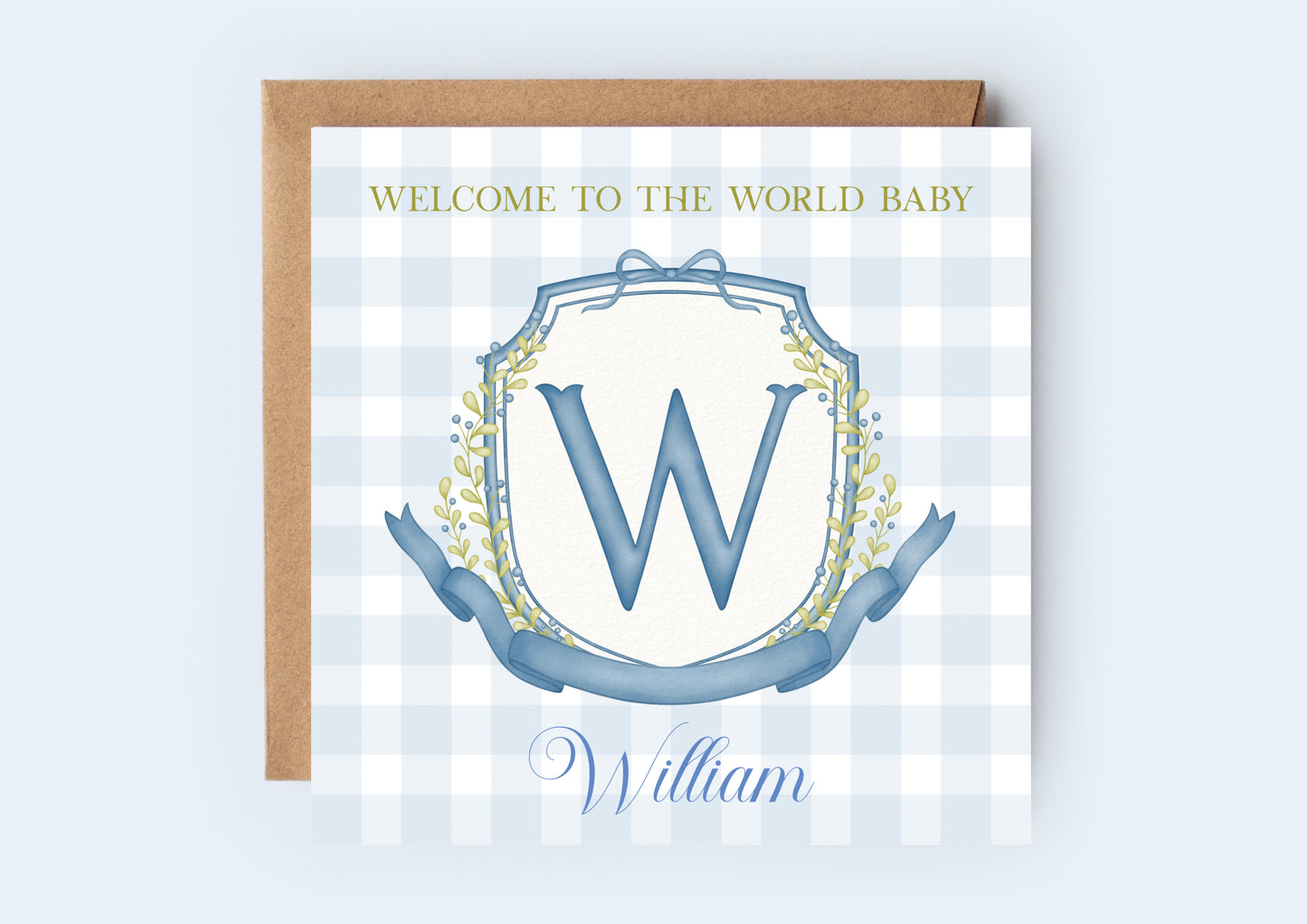 BLUE MONOGRAM WELCOME TO THE WORLD CARD FOR BABY BOY - personalised