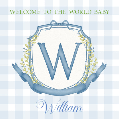 BLUE MONOGRAM WELCOME TO THE WORLD CARD FOR BABY BOY - personalised