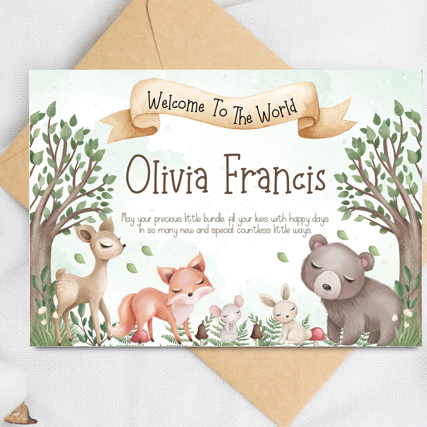 WOODLAND ANIMALS BABY GIRL ARRIVAL CARD - personalised