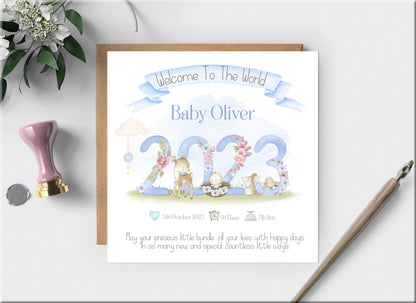 NEW BABY BOY ARRIVAL CARD WITH STATS - SON, GRANDSON, NEPHEW, ANY RELATION – personalised