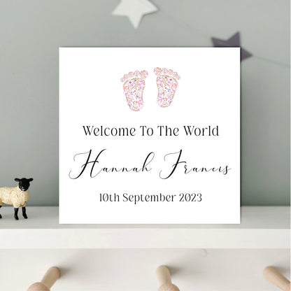 FLORAL PINK FEET NEW BABY GIRL ARRIVAL CARD - personalised