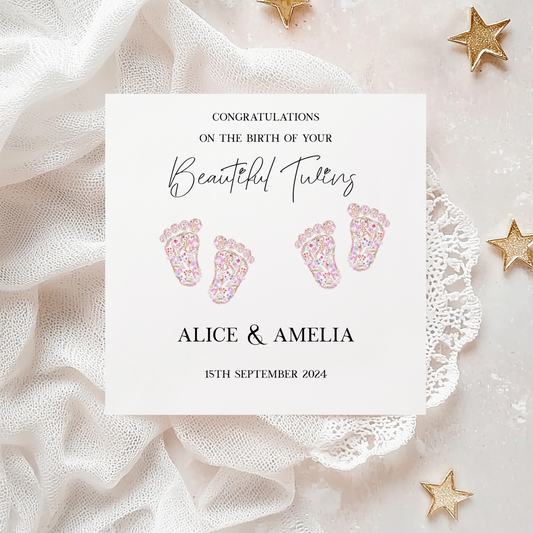 Twin Pink New Baby Card Personalised