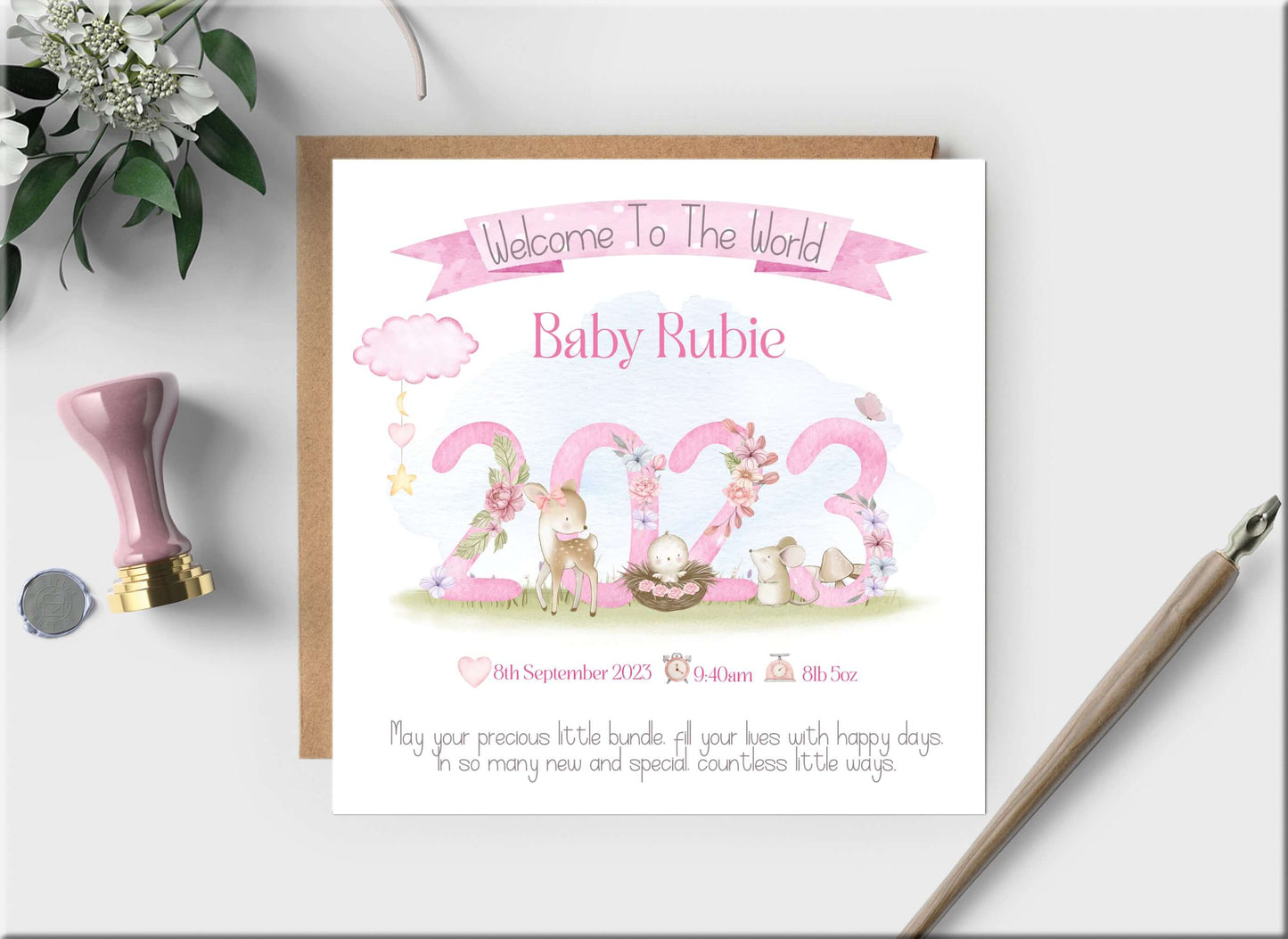 PINK BABY GIRL ARRIVAL CARD WITH STATS - personalised