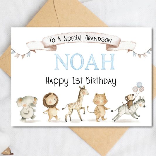 Cute Animal Birthday Card for Grandson