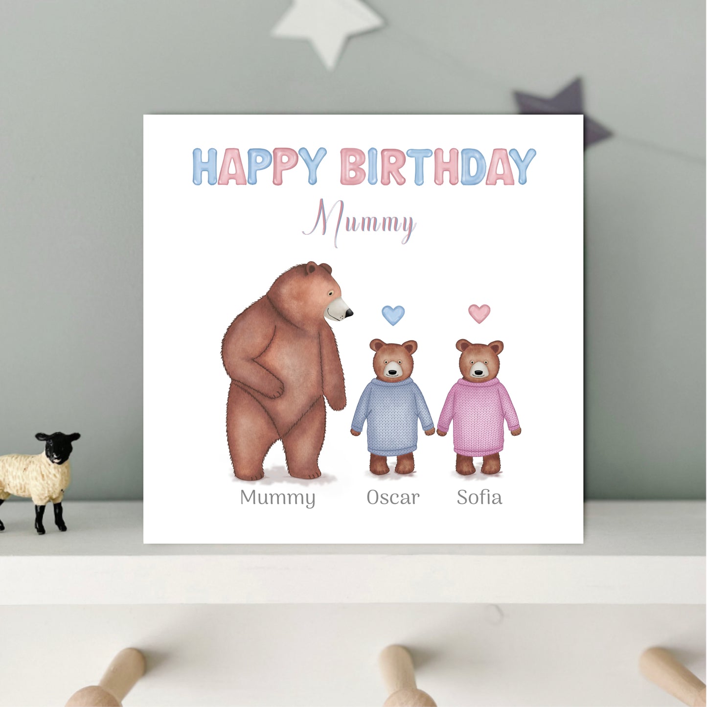 BEAR AND HER CUBS BIRTHDAY CARD FOR BEST MUMMY - personalised