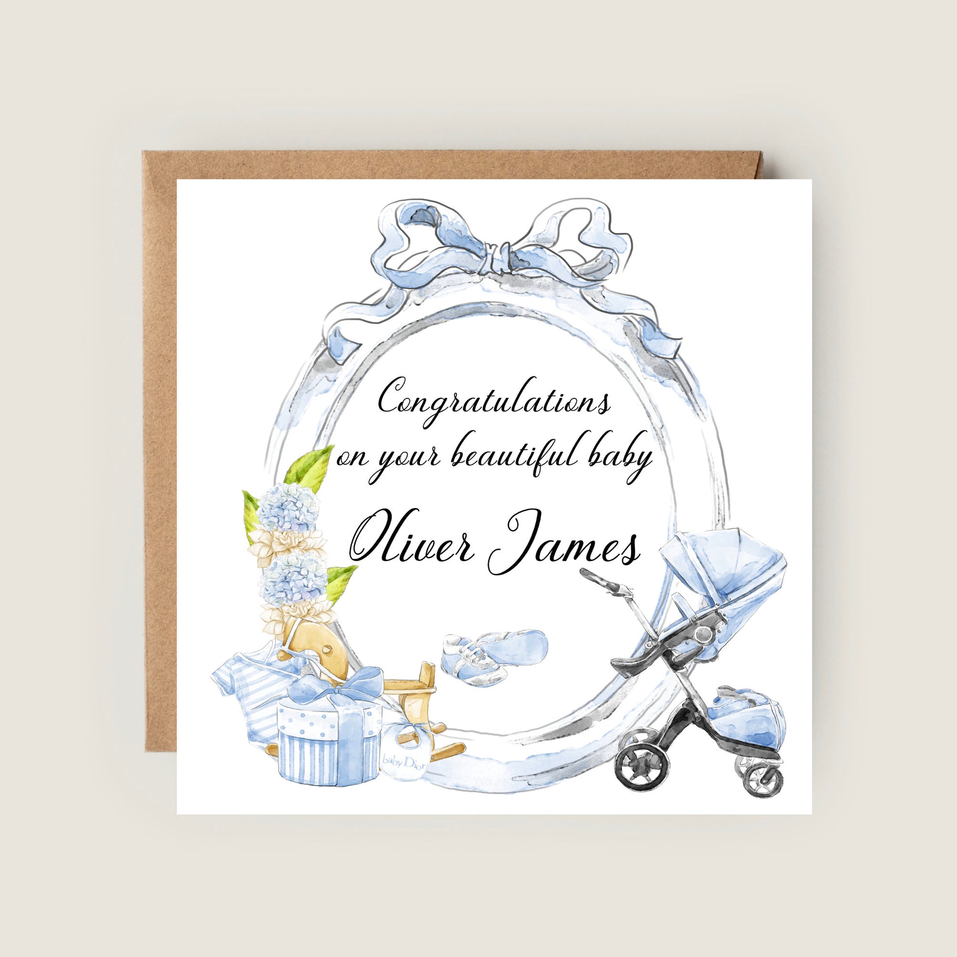 blue pram new birth card