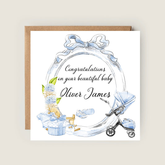 blue pram new birth card