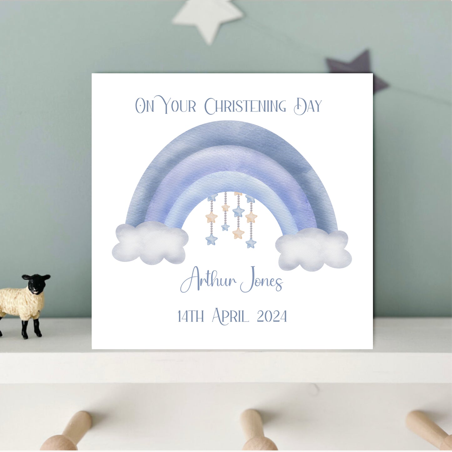 blue rainbow baptism, christening or dedication card for boys personalised