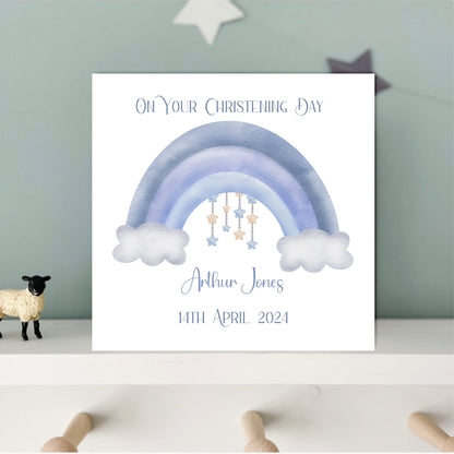 blue rainbow baptism, christening or dedication card for boys personalised