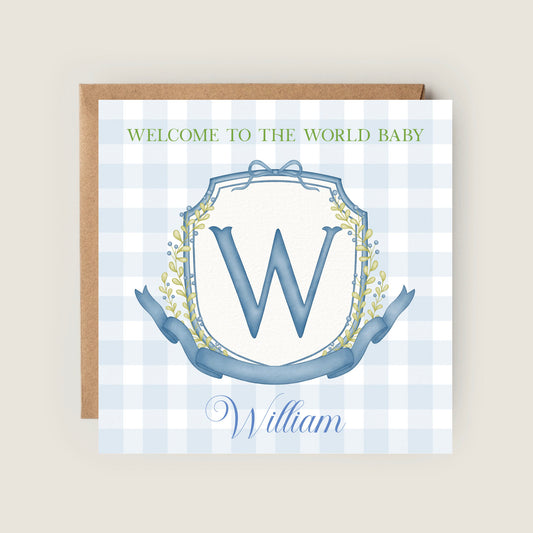 BLUE MONOGRAM WELCOME TO THE WORLD CARD FOR BABY BOY - personalised