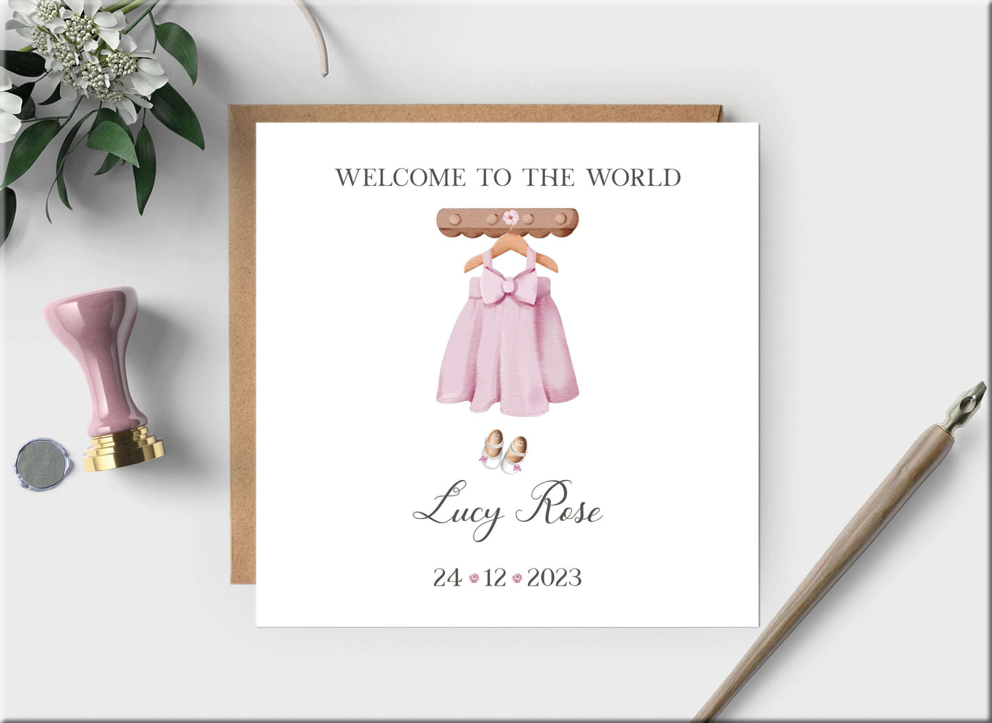 PINK BABY DRESS  NEWBORN GIRL ARRIVAL CARD - personalised