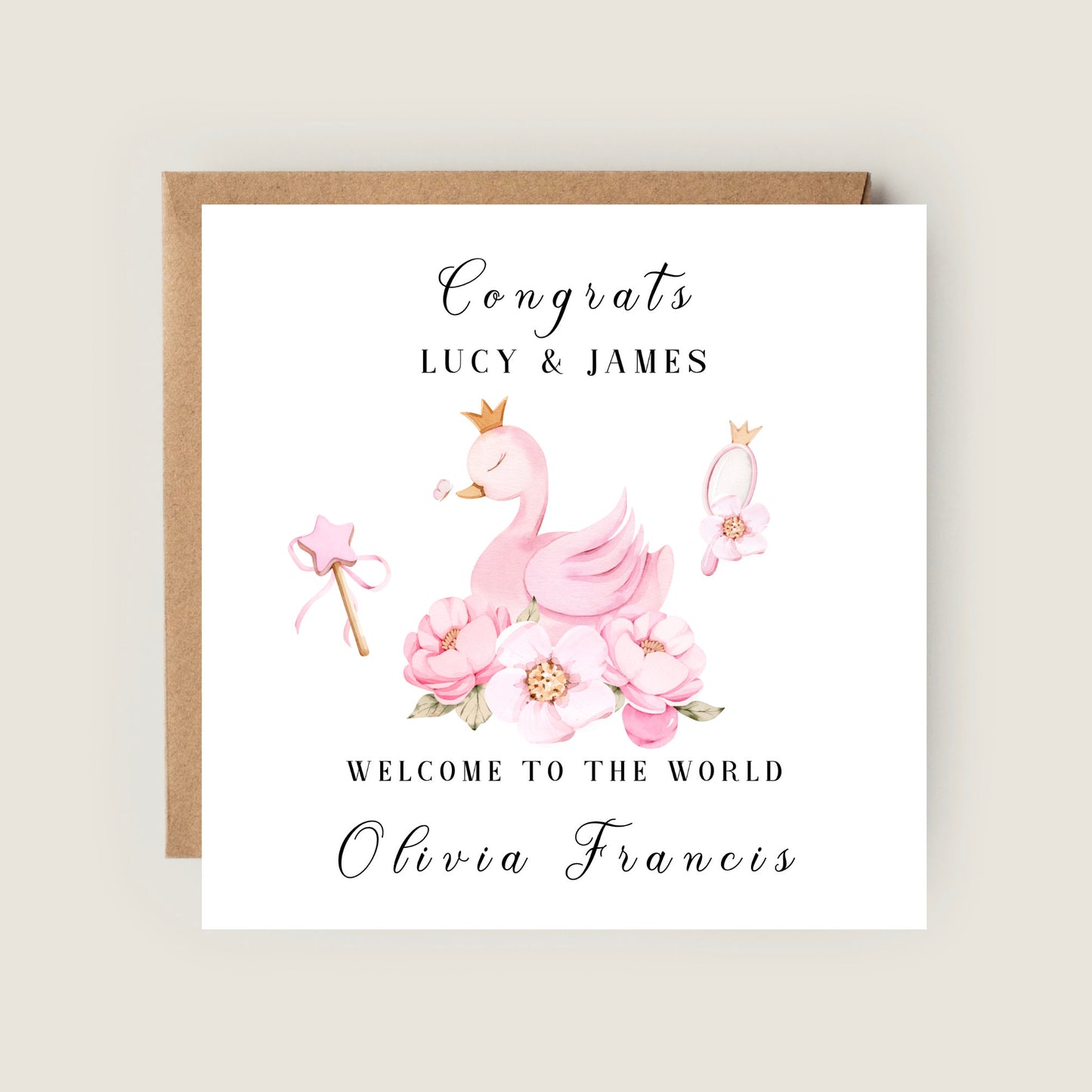 pink swan baby birth card