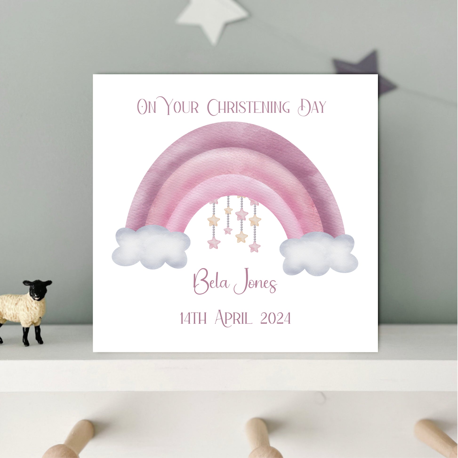 Pink rainbow baptism, christening or dedication card for girls, personalised