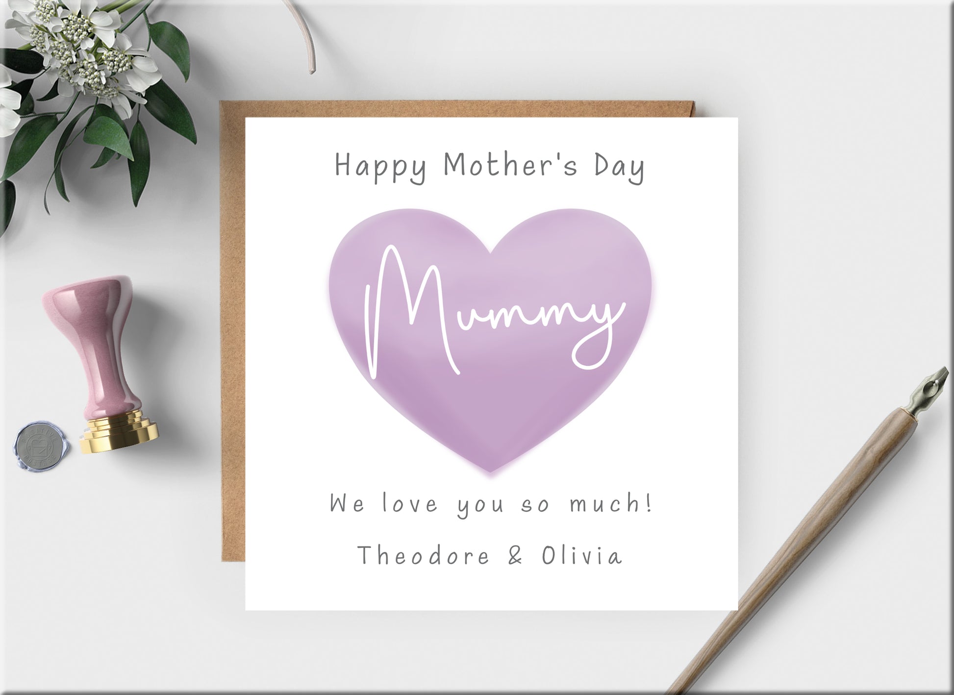 Personalised Mother's Day Card - Purple Heart with names, Mum