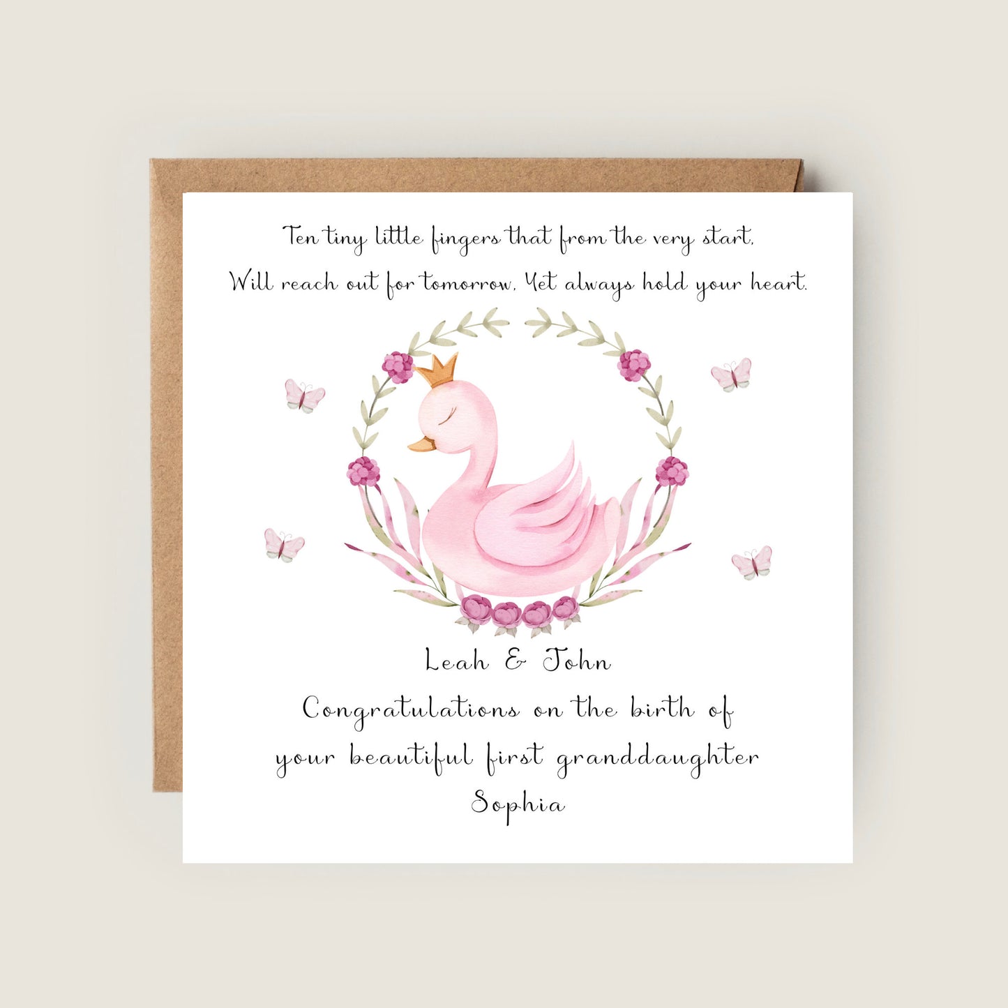 Pink Swan Baby Girl Arrival Personalised Card with Baby's Name