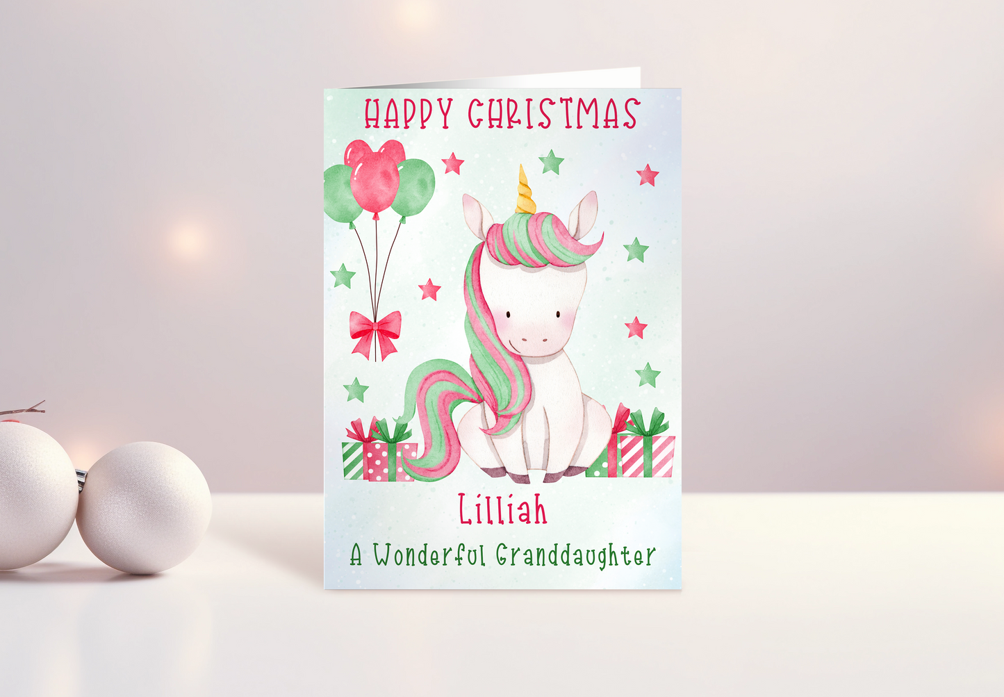 Personalised Unicorn Christmas Card for Granddaughter, Daughter, Niece, Special Little Girl