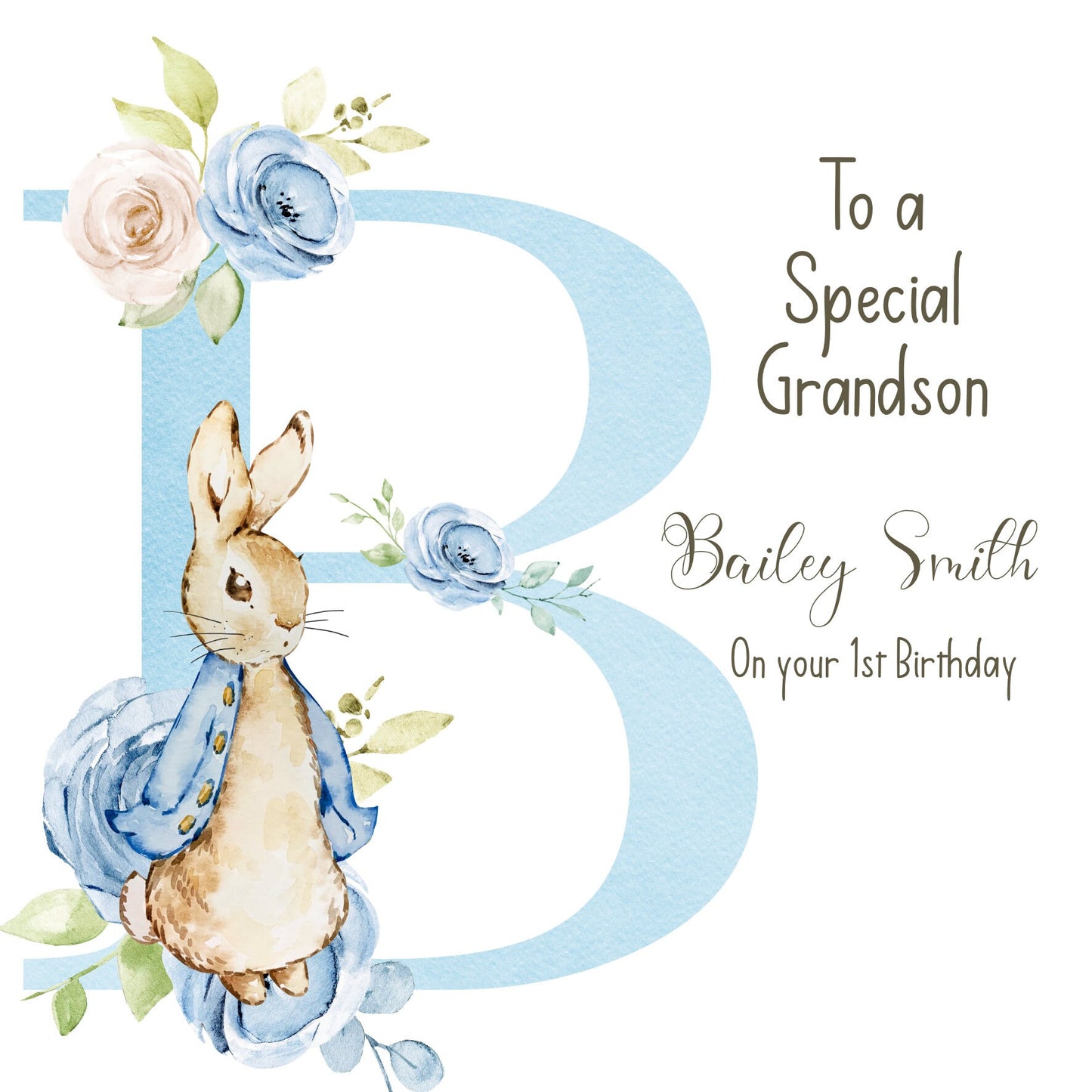 1st Birthday Initial Card Personsalised, Card for One Year Old Boy, One Birthday Card, Bunny Rabbit Birthday Card for Daughter,Granddaughter