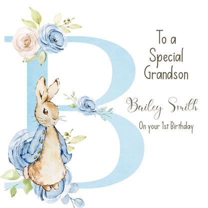 1st Birthday Initial Card Personsalised, Card for One Year Old Boy, One Birthday Card, Bunny Rabbit Birthday Card for Daughter,Granddaughter