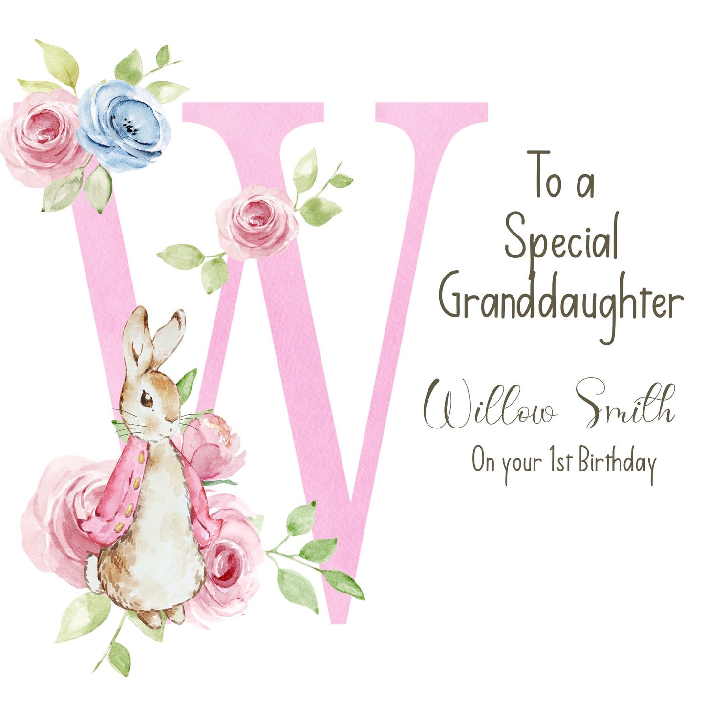 Personalised Initial Card Perfect to Celebrate 1st Birthday for Daughter, Granddaughter, Niece, Sister with Vintage Bunny Rabbit