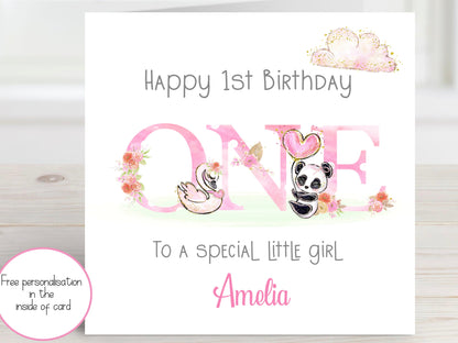 Girls Animal Birthday Card, Personalised Any Age Card for Daughter, Granddaughter, Niece, Cousin, Special Little Girl 1st, 2nd, 3rd, 4th