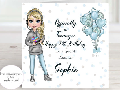 Milestone Birthday Card, Officially a Teenage Gamer Girl Greeting Card, 13th Birthday card for Daughter, Granddaughter, Niece, Friend, Girl