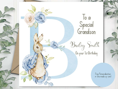 1st Birthday Initial Card Personsalised, Card for One Year Old Boy, One Birthday Card, Bunny Rabbit Birthday Card for Daughter,Granddaughter