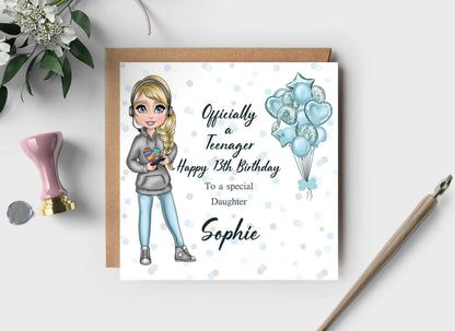 Milestone Birthday Card, Officially a Teenage Gamer Girl Greeting Card, 13th Birthday card for Daughter, Granddaughter, Niece, Friend, Girl