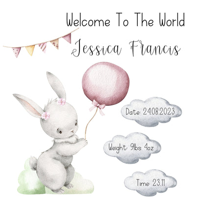 New baby girl card, Welcome to the world, Personalised with stats and animals, Congratulations on the birth of your Daughter, Granddaughter