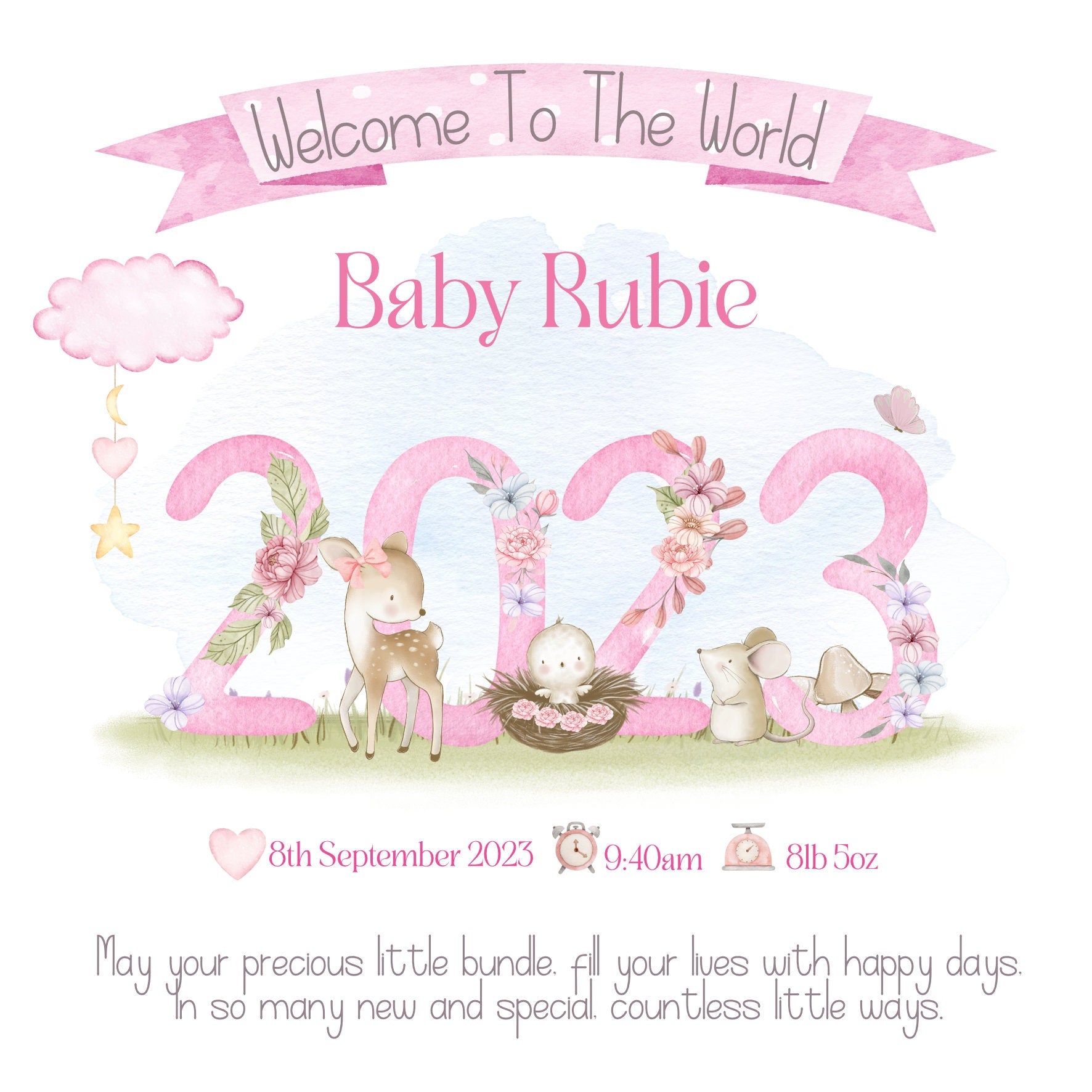 Welcome to the world baby girl, New baby girl card, Personalised baby girl card, Congratulations on the birth of daughter, granddaughter