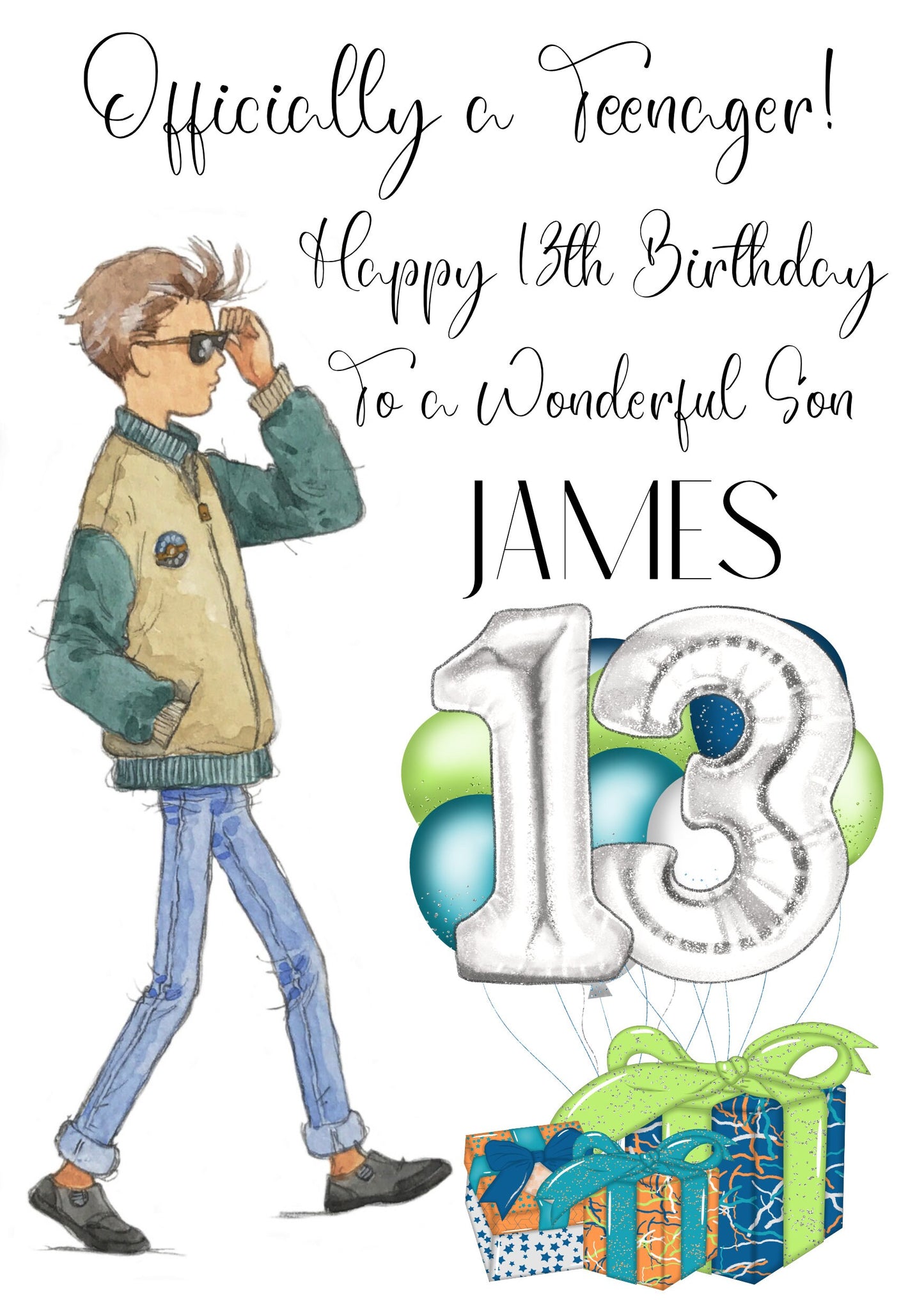 13th Birthday Card for Son, Personalised Birthday Card for Teenager Grandson, 13th Birthday Card for Nephew, Officially a Teenager Card