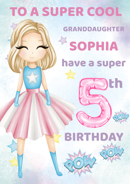 Granddaughter Birthday Card, Granddaughter 6th Birthday, 7th Birthday Card Granddaughter, Personalised Superhero, 4th, 5th, 8th, 9th, 10th