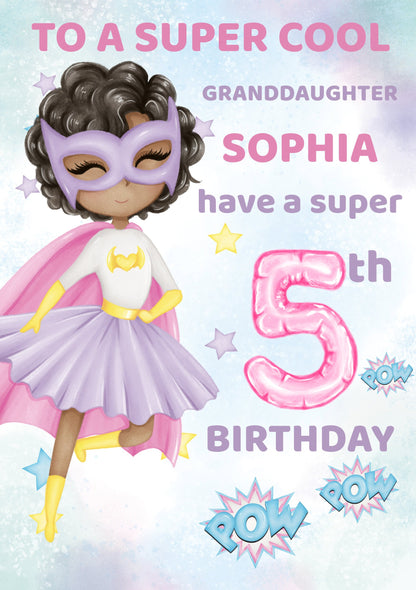 Granddaughter Birthday Card, Granddaughter 6th Birthday, 7th Birthday Card Granddaughter, Personalised Superhero, 4th, 5th, 8th, 9th, 10th