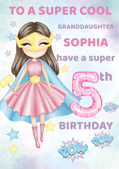 Granddaughter Birthday Card, Granddaughter 6th Birthday, 7th Birthday Card Granddaughter, Personalised Superhero, 4th, 5th, 8th, 9th, 10th